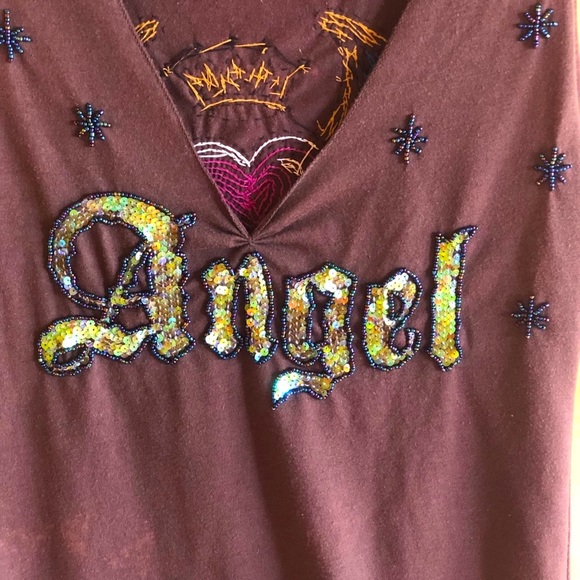 Vintage Tops - Vintage Rock Solid Sacred Heart Sequined Tee with ANGEL beading and Angle  Wings
